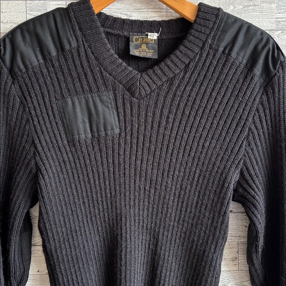 Citadel sweater men's black wool commando military shoulder‎ & elbow Patches 42